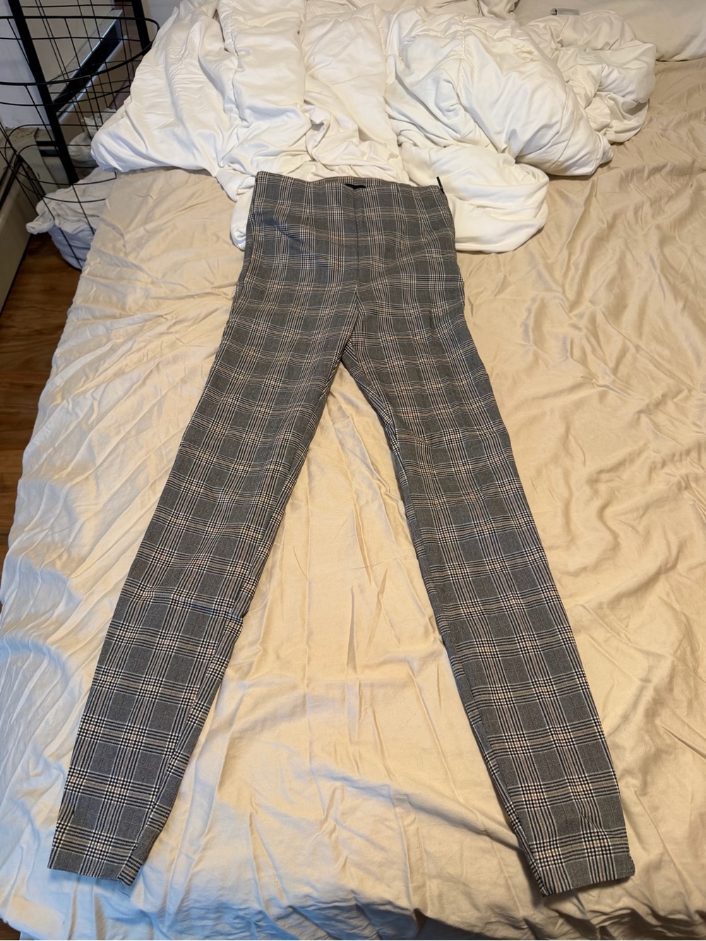 Zara Beige & Gray Plaid Slim Trousers